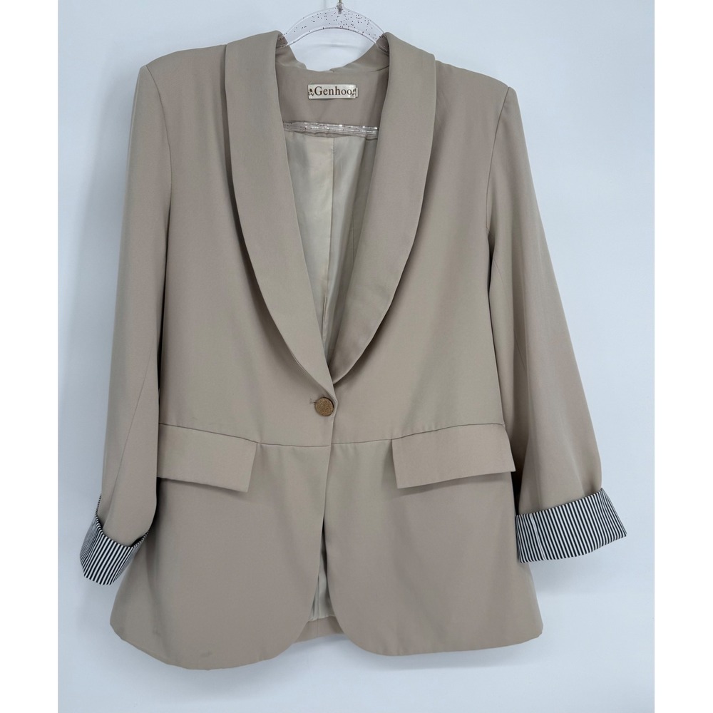 Genhoo Tan Shawl Lapel Blazer 3/4 Sleeve Pinstripe Cuff Beige Jacket Sz L